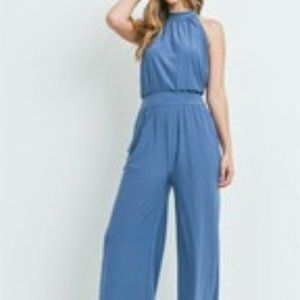Blue High-waisted Key Hole Detailed Jumpsuit